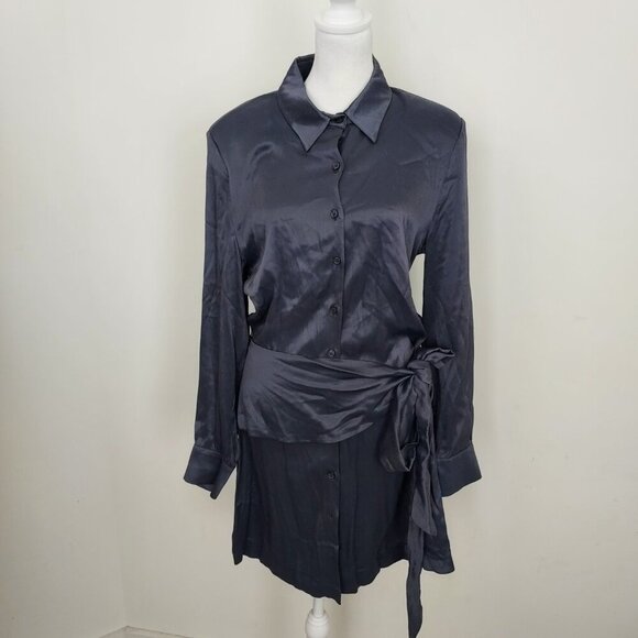 Zara Knotted Satin Effect Shirt Dress in Muted Purple Size Lg - Picture 4 of 8